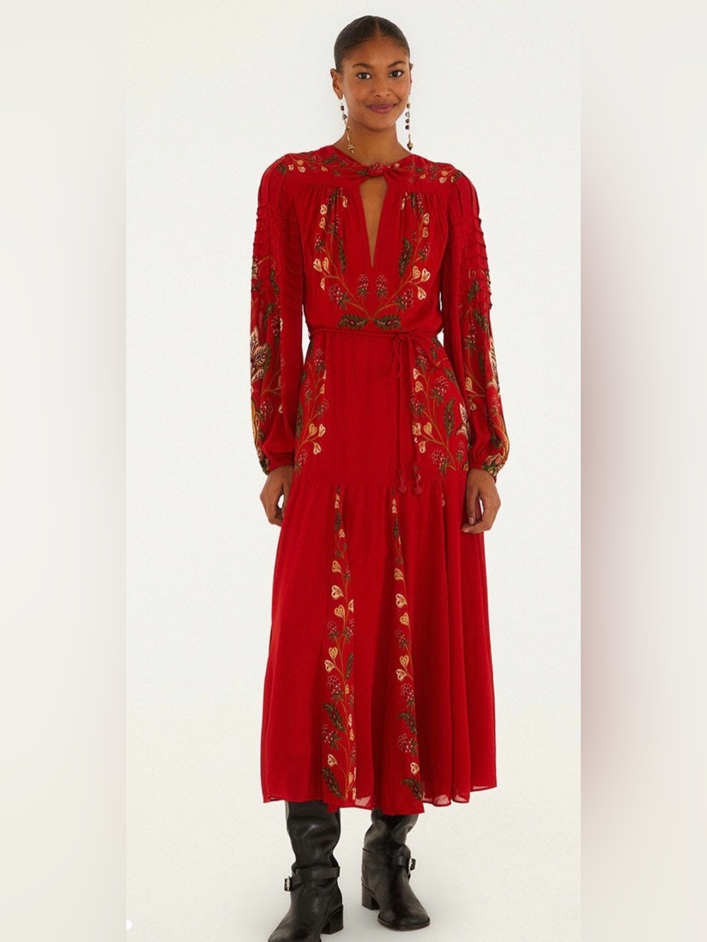 NWT Farm Rio Berry Garden Red Long Sleeve Pleated Maxi Dress Size S $380
